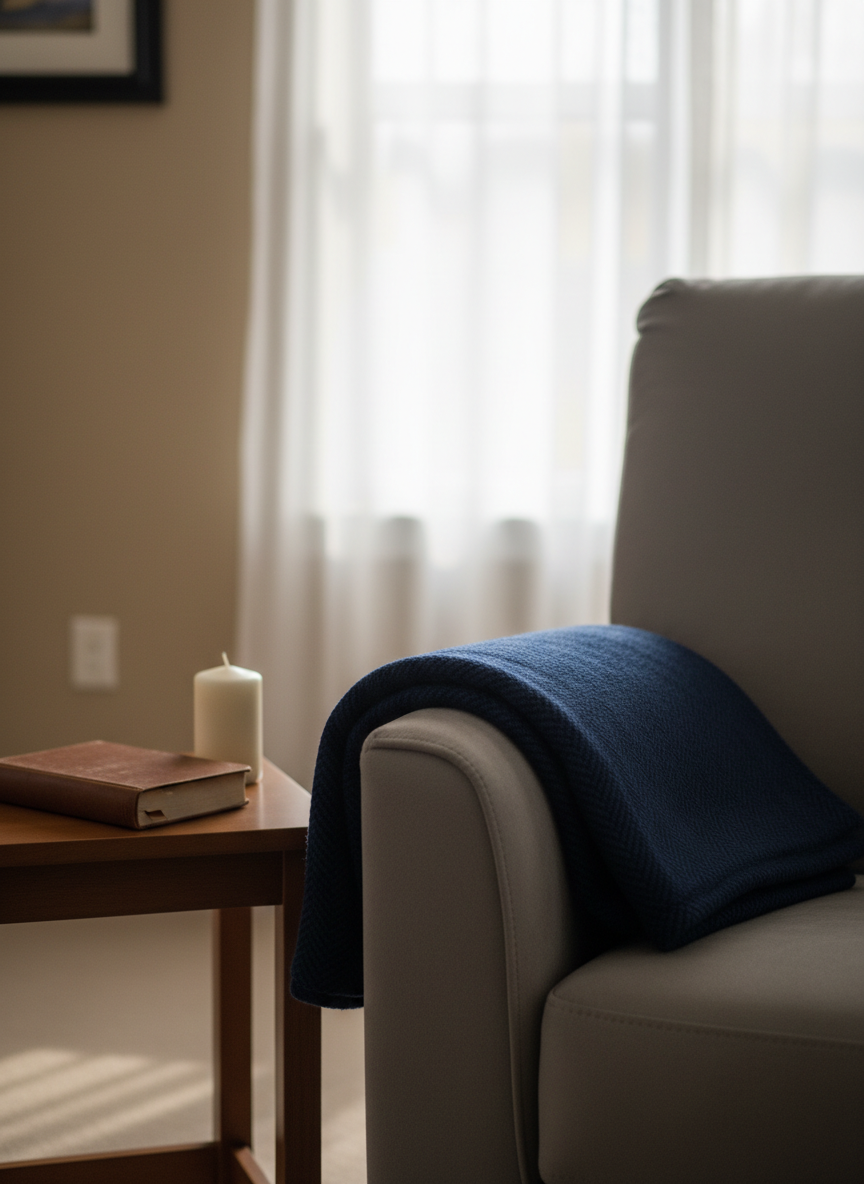 A neatly folded, deep navy wool blanket with a subtle herringbone pattern, draped over the arm of a soft gray reclining chair, beside a small wooden side table holding a single unlit white candle and a closed leather-bound journal. The setting is a quiet corner of a modest, well-kept living room, with neutral walls and a large window in the background. Late afternoon light filters through sheer curtains, creating a gentle, diffused glow and soft shadows. Photographic realism, eye-level composition using the rule of thirds, with a shallow depth of field that keeps the blanket and chair in crisp focus while the background blurs softly, evoking a calm, dignified, and supportive atmosphere appropriate for end-of-life care.