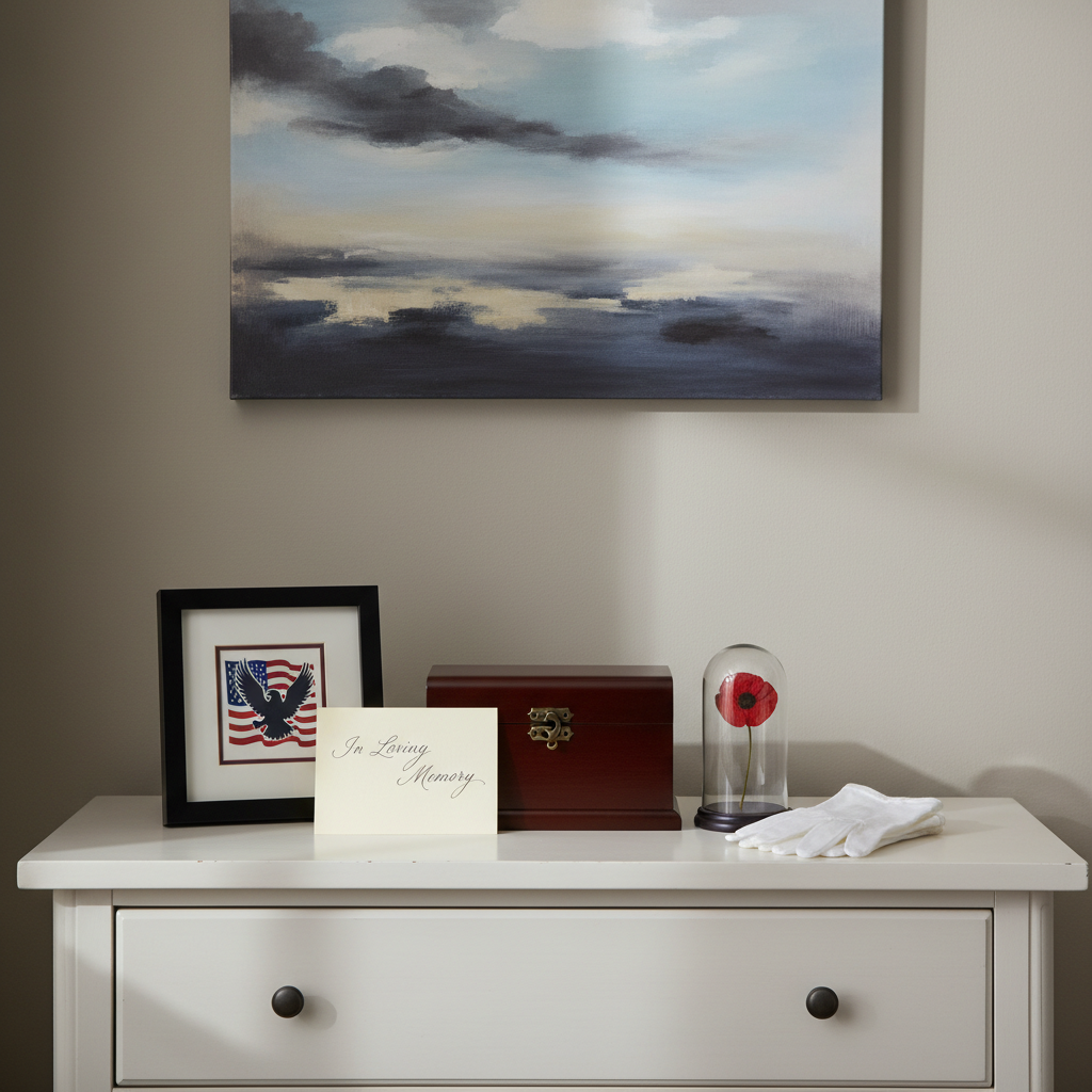 A simple, tastefully arranged memorial corner atop a white-painted wooden dresser: a small wooden box with brass hinges, a framed American flag emblem, a neatly folded pair of cotton gloves, and a single, carefully pressed red poppy encased in glass. A handwritten card, partially visible, rests against the box’s base. Behind, a neutral wall holds a subtle abstract painting in muted blues and grays. Soft, diffused midday light from a window outside the frame bathes the scene, creating gentle shadows and a calm, balanced contrast. Photographic realism, straight-on eye-level composition with moderate depth of field to keep all elements sharp. The atmosphere is respectful, understated, and quietly reverent, honoring veterans and their loved ones without overt sentimentality.