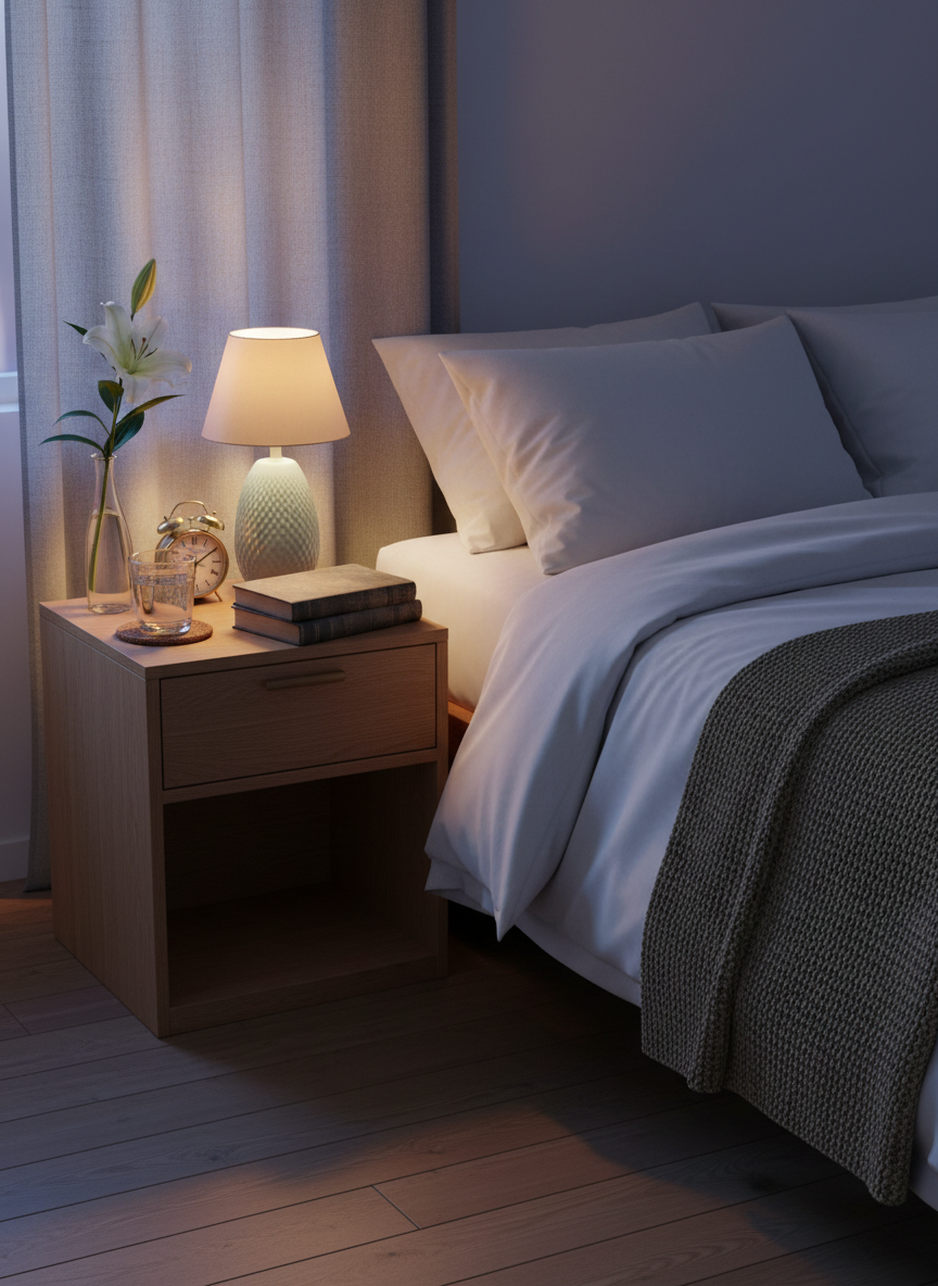 End-of-life support A carefully arranged bedside environment in a simple, cozy bedroom: a light oak nightstand with a small ceramic lamp casting a warm, soft glow, a glass of water on a coaster, a vintage brass clock, and a neatly stacked pile of well-worn hardcover books. The bed is made with crisp white linens and a muted earth-tone throw, with a single, fresh white lily in a slim glass vase adding a touch of serenity. The lighting is a balance of dim evening lamplight and faint twilight filtering through a partially drawn curtain. Photographic realism, shot from a slightly elevated angle with balanced composition and gentle shadows, creating a dignified, peaceful, and organized space for end-of-life support.