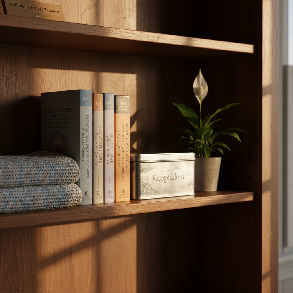 A sturdy, well-worn wooden bookshelf in a quiet living room, with one shelf dedicated to caregiving and end-of-life resources: visible spines of books about hospice, grief, and veteran support, flanked by a small, folded knit blanket and a simple metal tin labeled “Keepsakes.” A tiny potted peace lily with deep green leaves and a single white bloom adds softness. Late afternoon sunlight slants in from the side, creating warm highlights on the book spines, soft reflections on the metal tin, and elongated shadows. Photographic realism, captured from an eye-level, close-up perspective that fills the frame with the shelf, using a moderate depth of field so the central books are sharp while edges gently blur. The mood is reassuring, informative, and grounded, suggesting reliable guidance for families in Midlothian.