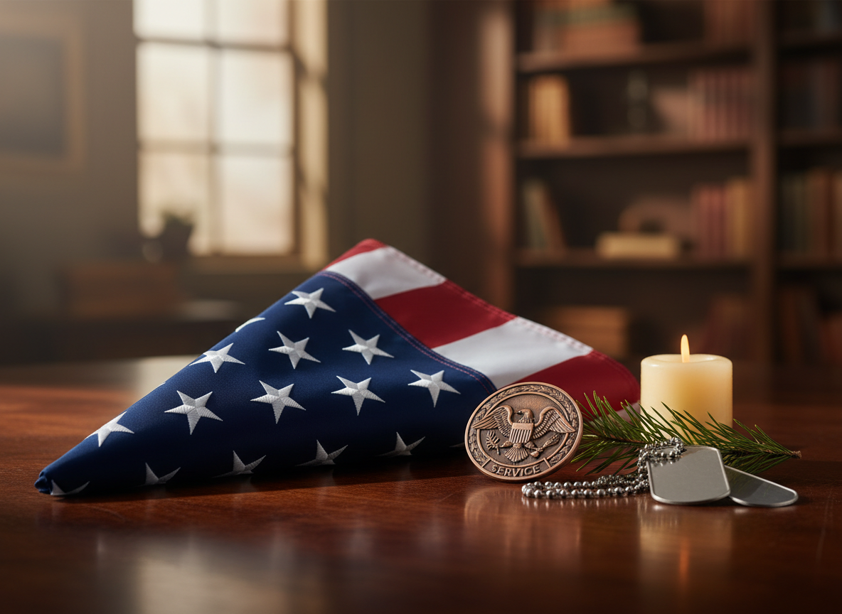 A folded American flag with rich, saturated navy and bright white stars, lying on a finely grained dark wooden table next to a simple bronze service medallion and a carefully polished pair of dog tags. A small, unlit cream-colored pillar candle and a single sprig of evergreen rest nearby, adding respectful symbolism. The background is softly blurred, hinting at a quiet, warmly lit study with shelves of indistinct books. Soft, directional window light from the side creates subtle highlights on the metal surfaces and gentle shadows across the folded fabric. Photographic realism, eye-level composition with the flag positioned along the rule of thirds, evoking honor, remembrance, and solemn respect for veterans at the end of life.