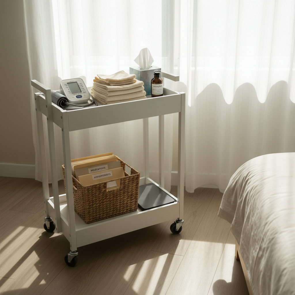 A calm, organized in-home care station set up on a low, white utility cart with smooth wheels, positioned near a sunlit window in a modest bedroom. On the top shelf, neatly arranged items: a digital blood pressure monitor, folded soft cotton towels, a box of tissues, and a small, amber glass bottle labeled "comfort balm". The lower shelf holds a woven basket with labeled folders and a closed tablet device. Gentle morning light pours through a sheer curtain, creating a soft, even illumination and delicate shadows. Photographic realism, shot from a slightly elevated angle with clean, modern composition and plenty of negative space around the cart. The atmosphere is professional, prepared, and comforting, emphasizing organized, in-home end-of-life support without any clinical harshness.