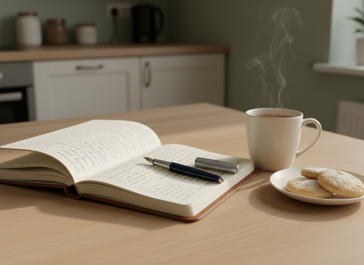 A well-used leather-bound notebook lying open on a smooth, light wood kitchen table, with a fountain pen resting diagonally across a page filled with neatly handwritten notes and a few underlined phrases. Beside it sits a ceramic mug of herbal tea, steam faintly rising, and a small plate with untouched tea biscuits. The background reveals a modest, tidy kitchen with soft, neutral tones, out of focus. Morning light streams in from an unseen window, creating bright yet gentle illumination, soft reflections on the pen, and delicate shadows from the mug. Photographic realism, slightly elevated three-quarter angle, shallow depth of field focusing on the notebook and pen. The mood is reflective, organized, and quietly supportive, hinting at care planning and thoughtful communication for in-home end-of-life support.