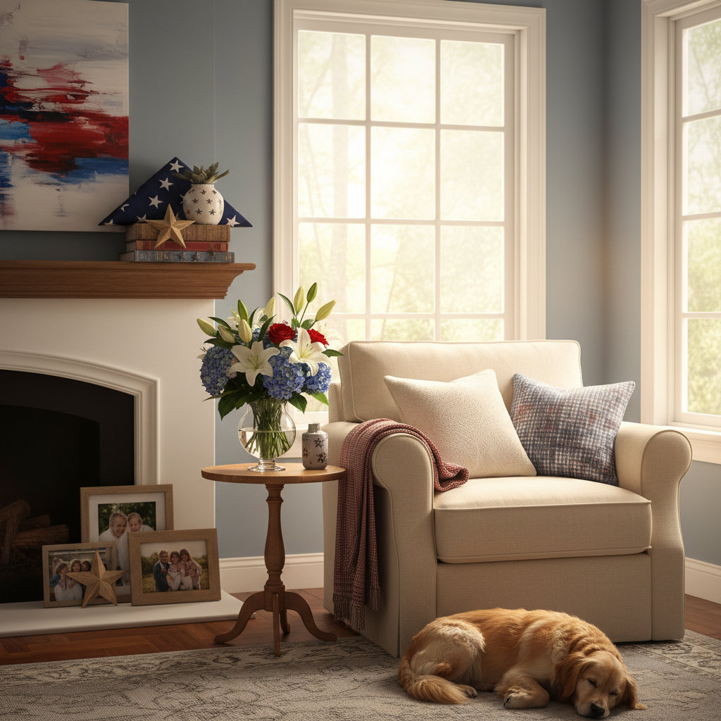 A peaceful, welcoming home interior scene that feels inviting to all individuals, with soft warm lighting, a comfortable armchair and side table with flowers, and subtle patriotic elements like a neatly folded American flag on a shelf and tasteful red, white, and blue accents, conveying freedom, dignity, and calm without feeling harsh or overly military.